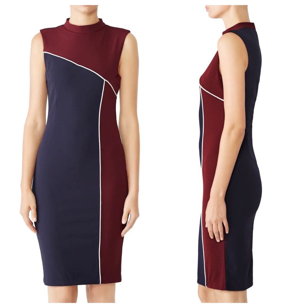Alexia Admor Navy Burgundy Colorblock Mock Neck Sheath Dress Small